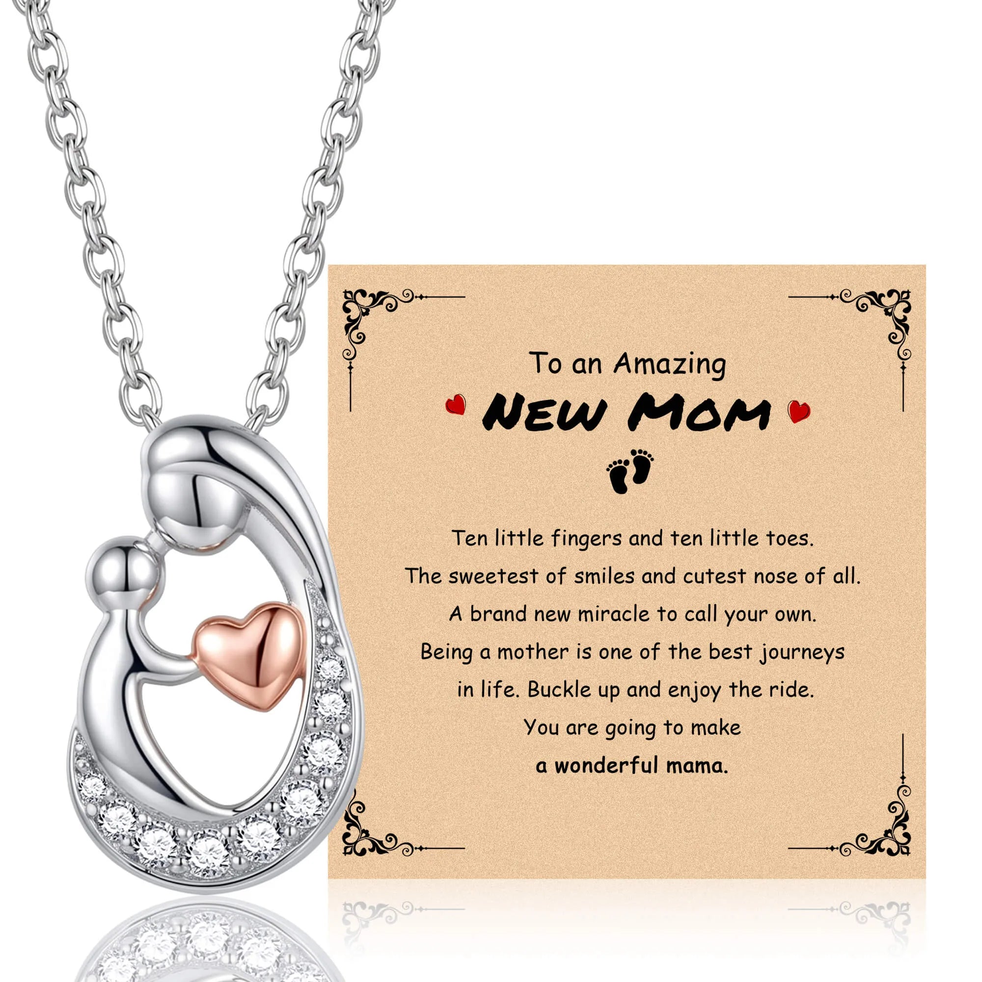 Heart mother necklace with message card reading 'New Mom' and crystal heart pendant
