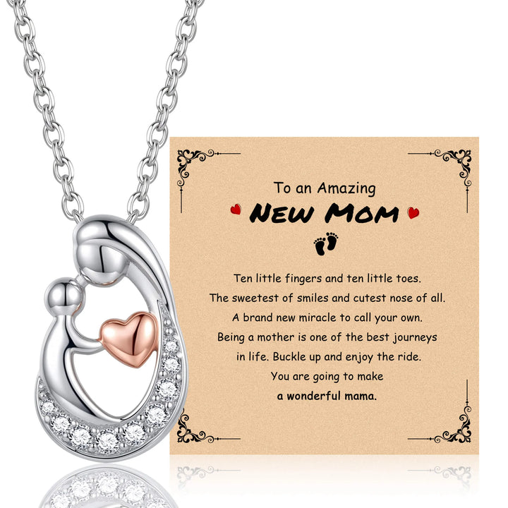 Heart mother necklace with message card reading 'New Mom' and crystal heart pendant