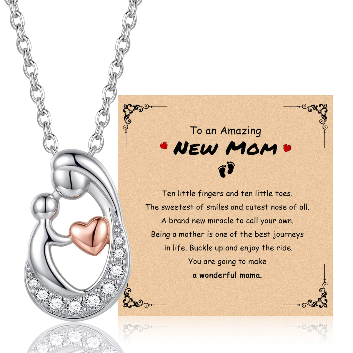Heart mother necklace with message card reading 'New Mom' and crystal heart pendant