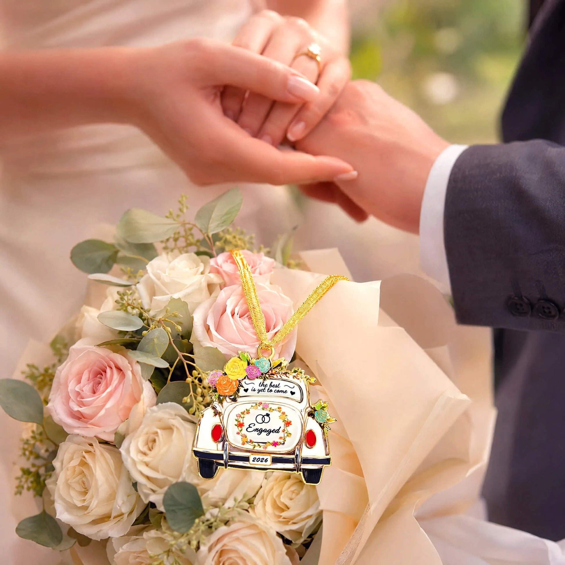 Engaged Floral Wedding Car Keepsake Ornament