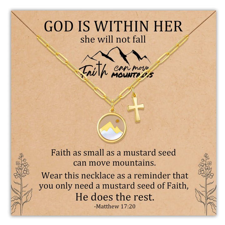Necklace display card with mountain and cross charm