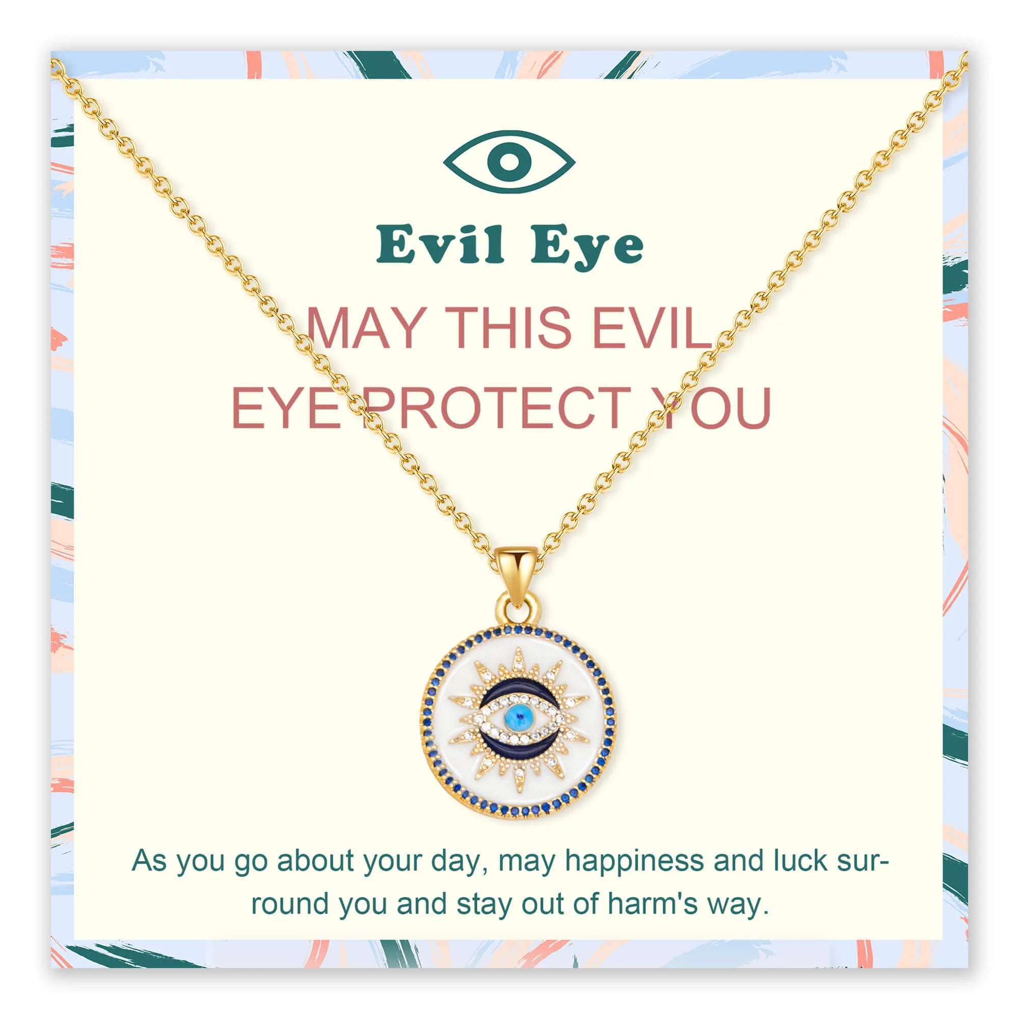 Evil Eye Protection Pendant Necklace with eye motif and gold chain