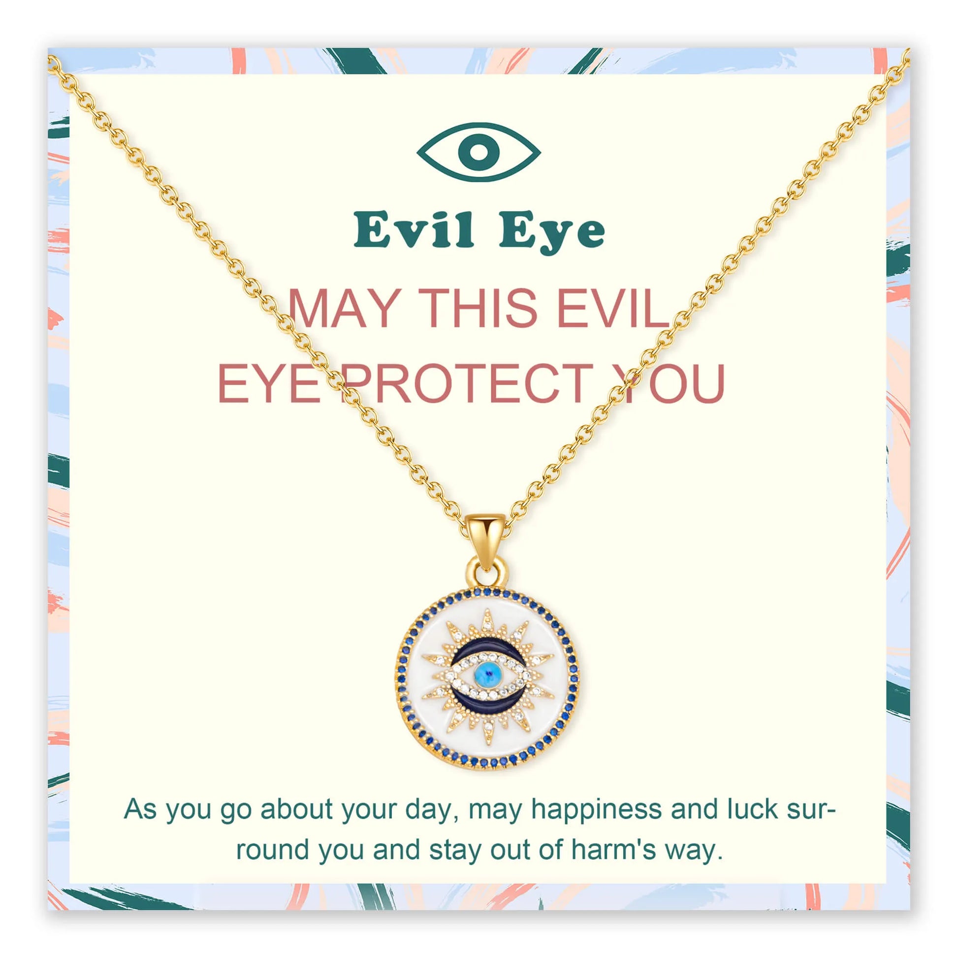Evil Eye Protection Pendant Necklace with eye motif and gold chain