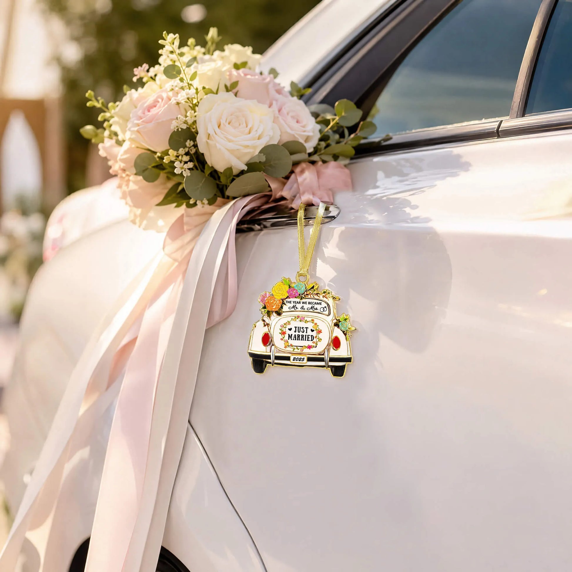 Just Married Floral Wedding Car Keepsake Ornament