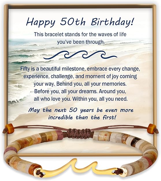 Sereney Birthday Gifts for Women, Handmade Wave Birthday Bracelets as 40 50 60 Year Old Birthday Gifts Idea, Adjustable Natural Stone Bracelet as Happy Birthday Gifts for Her Friends Mother Grandma Nana Daughter