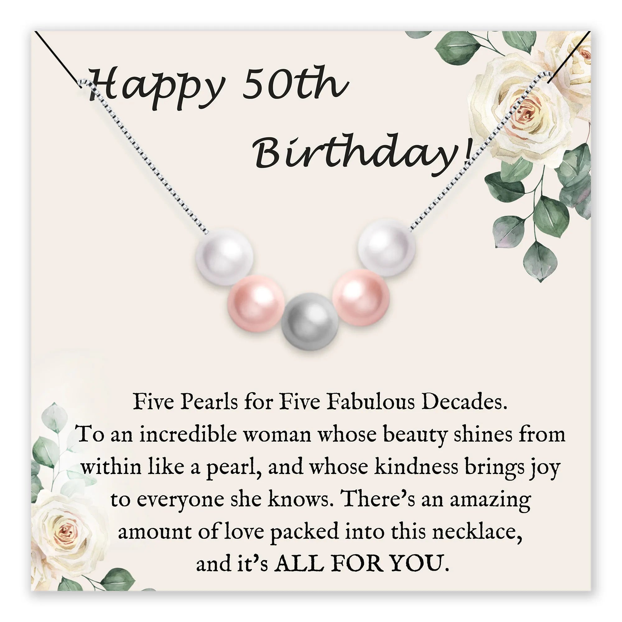 Birthday card featuring five pearls and floral design