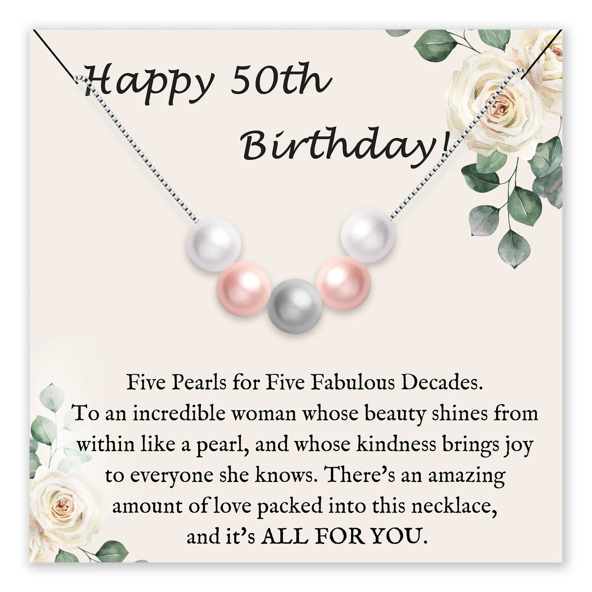 Birthday card featuring five pearls and floral design
