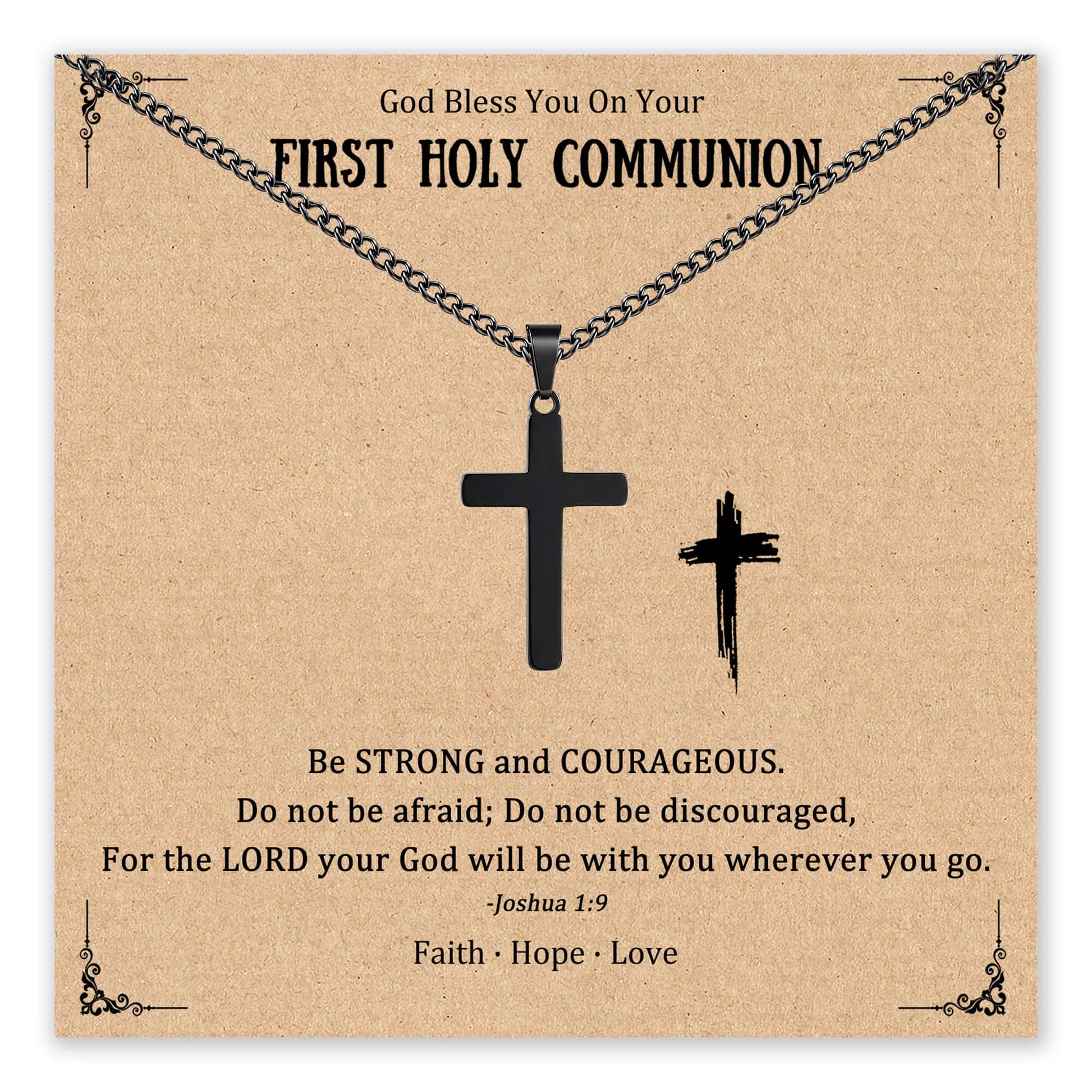 Black stainless steel cross necklace with First Holy Communion message