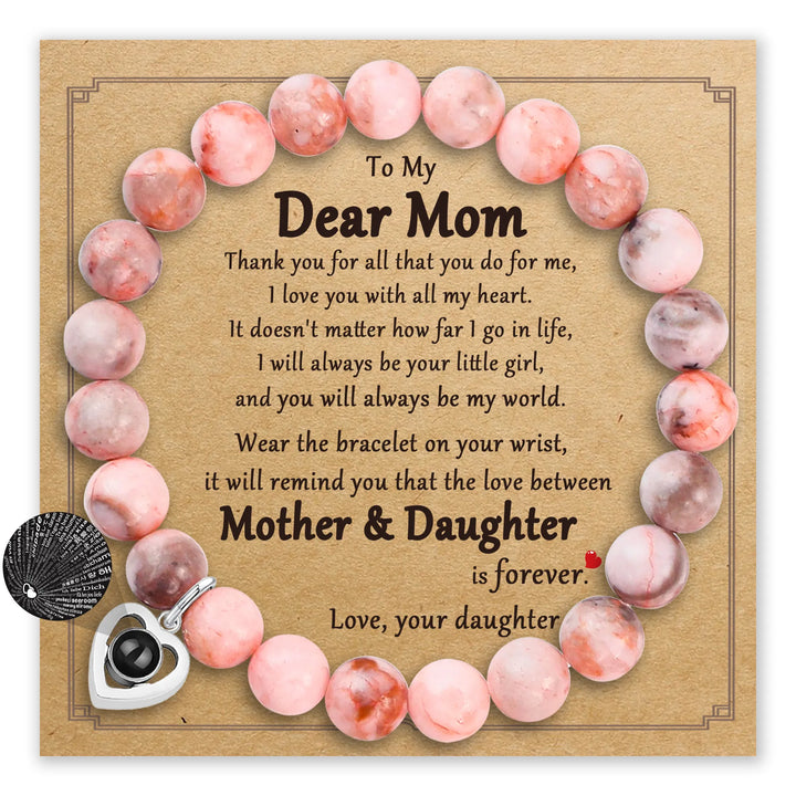 Bracelet with zebra-patterned stone beads and heart charm for mom