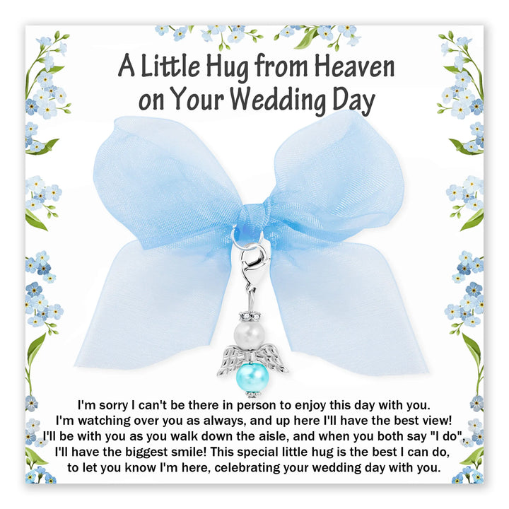 Heavenly Hug Wedding Charm with a blue ribbon and angel wings
