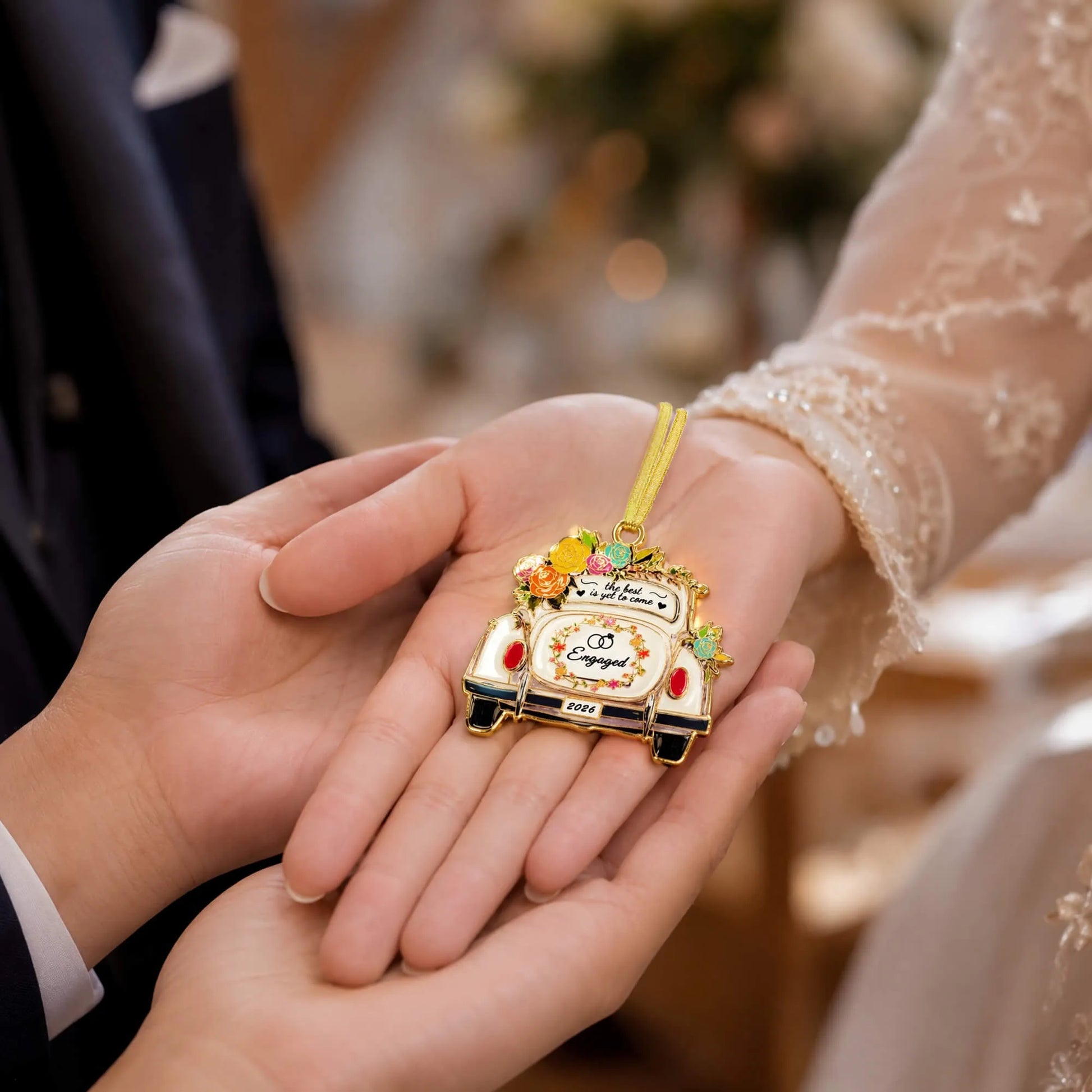 Engaged Floral Wedding Car Keepsake Ornament
