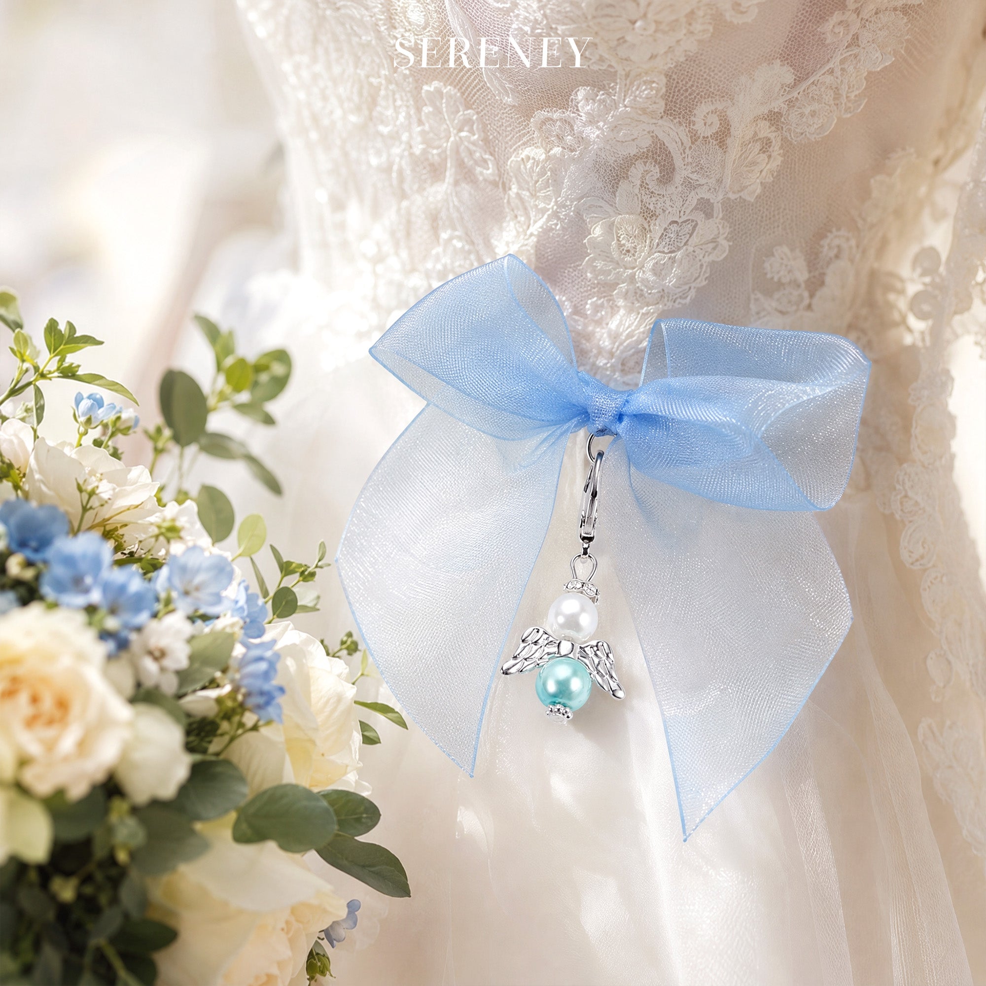 Heavenly Hug Wedding Charm with blue ribbon and pearl accents