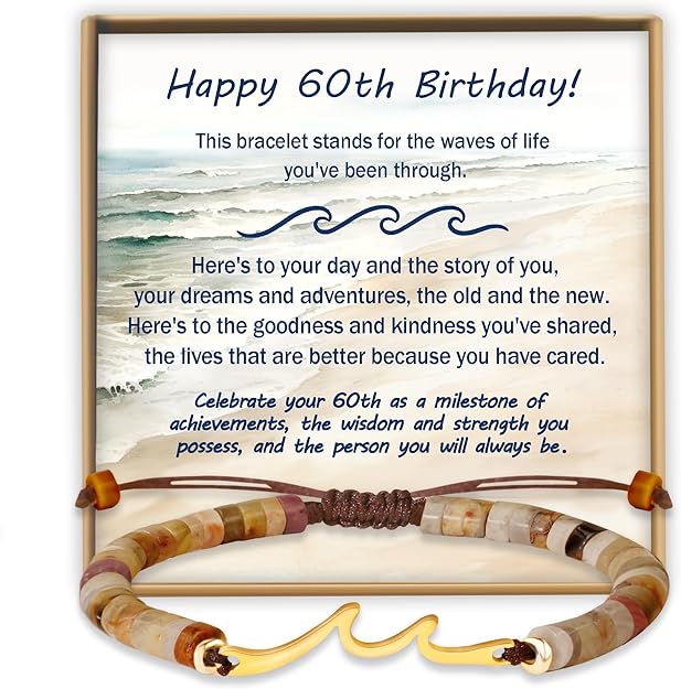 Sereney Birthday Gifts for Women, Handmade Wave Birthday Bracelets as 40 50 60 Year Old Birthday Gifts Idea, Adjustable Natural Stone Bracelet as Happy Birthday Gifts for Her Friends Mother Grandma Nana Daughter