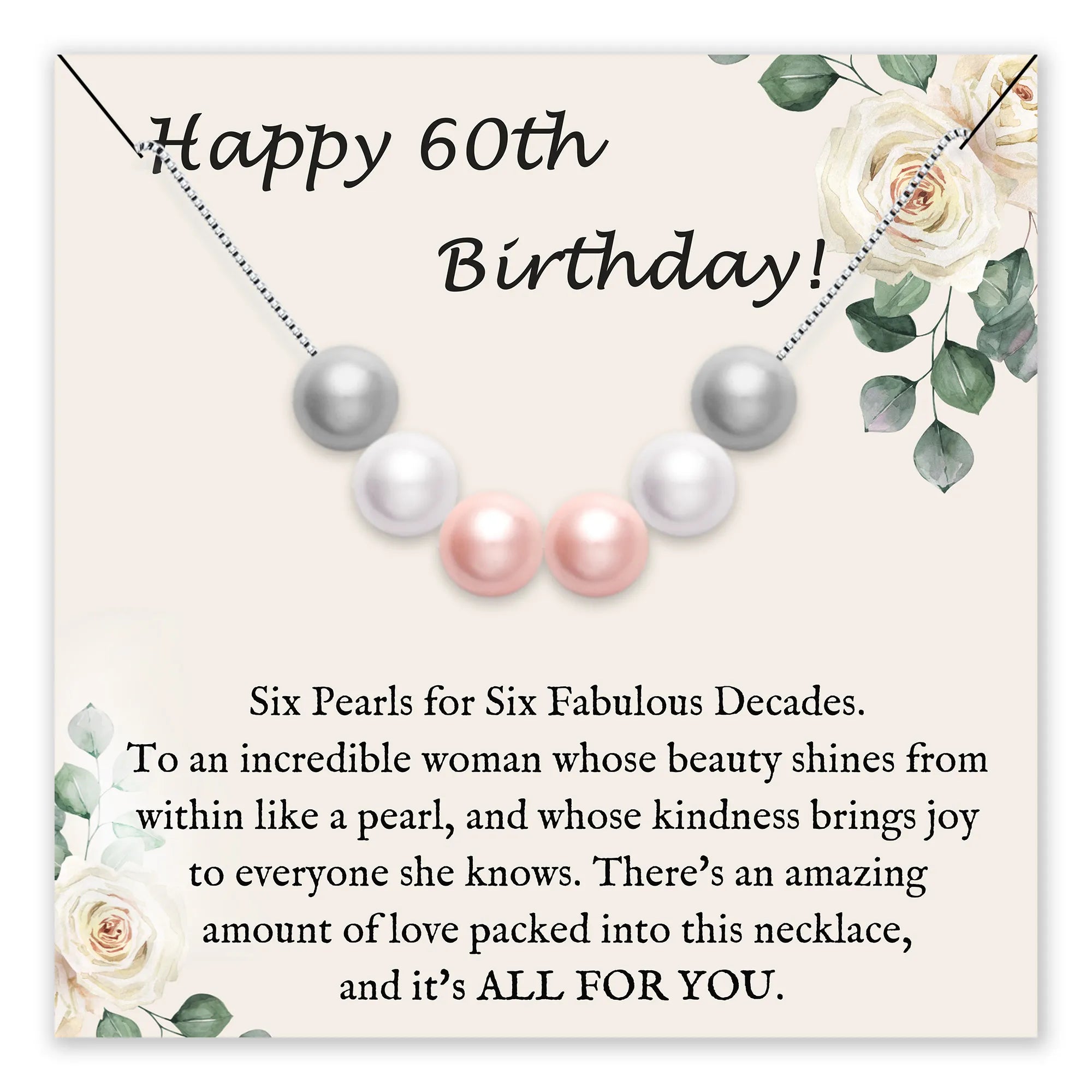 Birthday card featuring six pearls and floral design