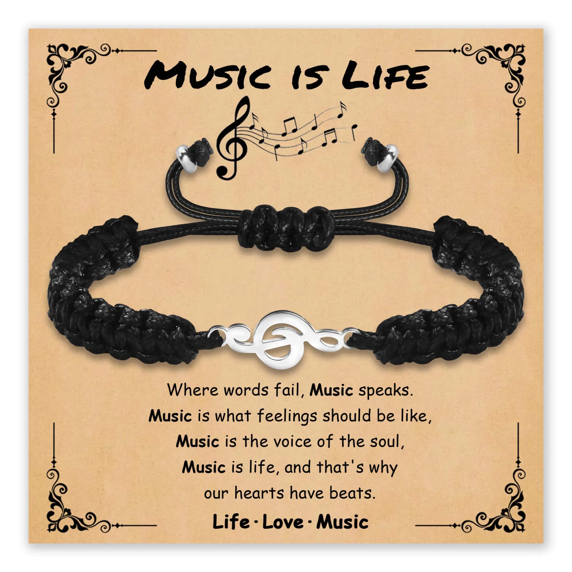 Black braided charm bracelet with treble clef charm