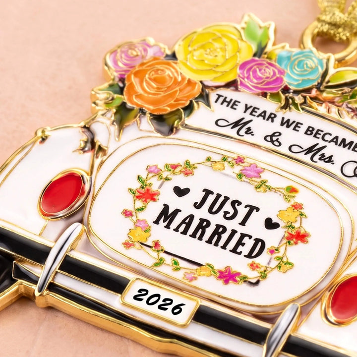 Close-up of Just Married Floral Wedding Car Keepsake Ornament showing details