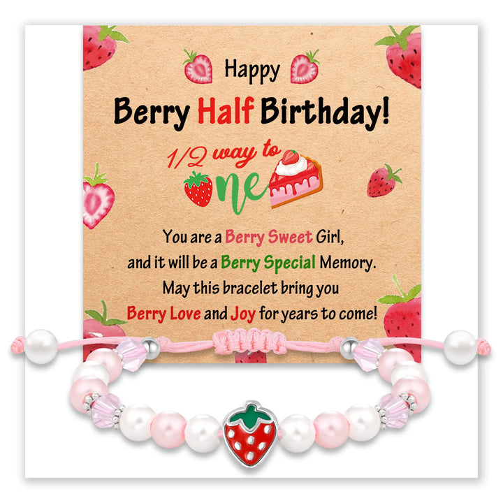 Birthday card with strawberry theme and bracelet