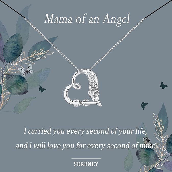 Sympathy gifts for loss of mother, 925 sterling silver angel wing infinity love heart pendant necklace as memorial bereavement condolence remembrance funeral gifts for loss mom from Sereney
