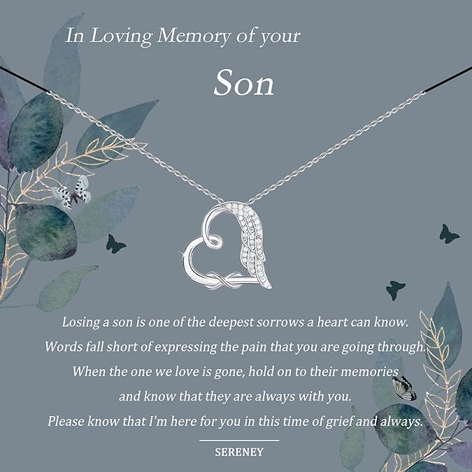 Sympathy gifts for loss of mother, 925 sterling silver angel wing infinity love heart pendant necklace as memorial bereavement condolence remembrance funeral gifts for loss mom from Sereney