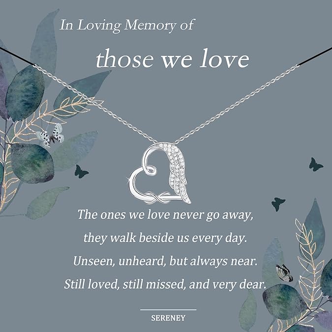 Sympathy gifts for loss of mother, 925 sterling silver angel wing infinity love heart pendant necklace as memorial bereavement condolence remembrance funeral gifts for loss mom from Sereney