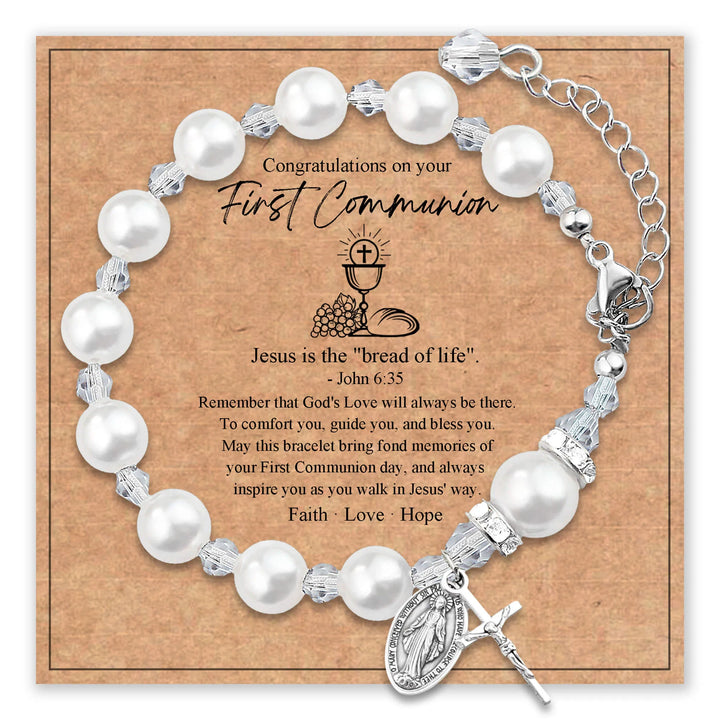 Jesus Faith Bracelet with charm and simulated pearls on a card