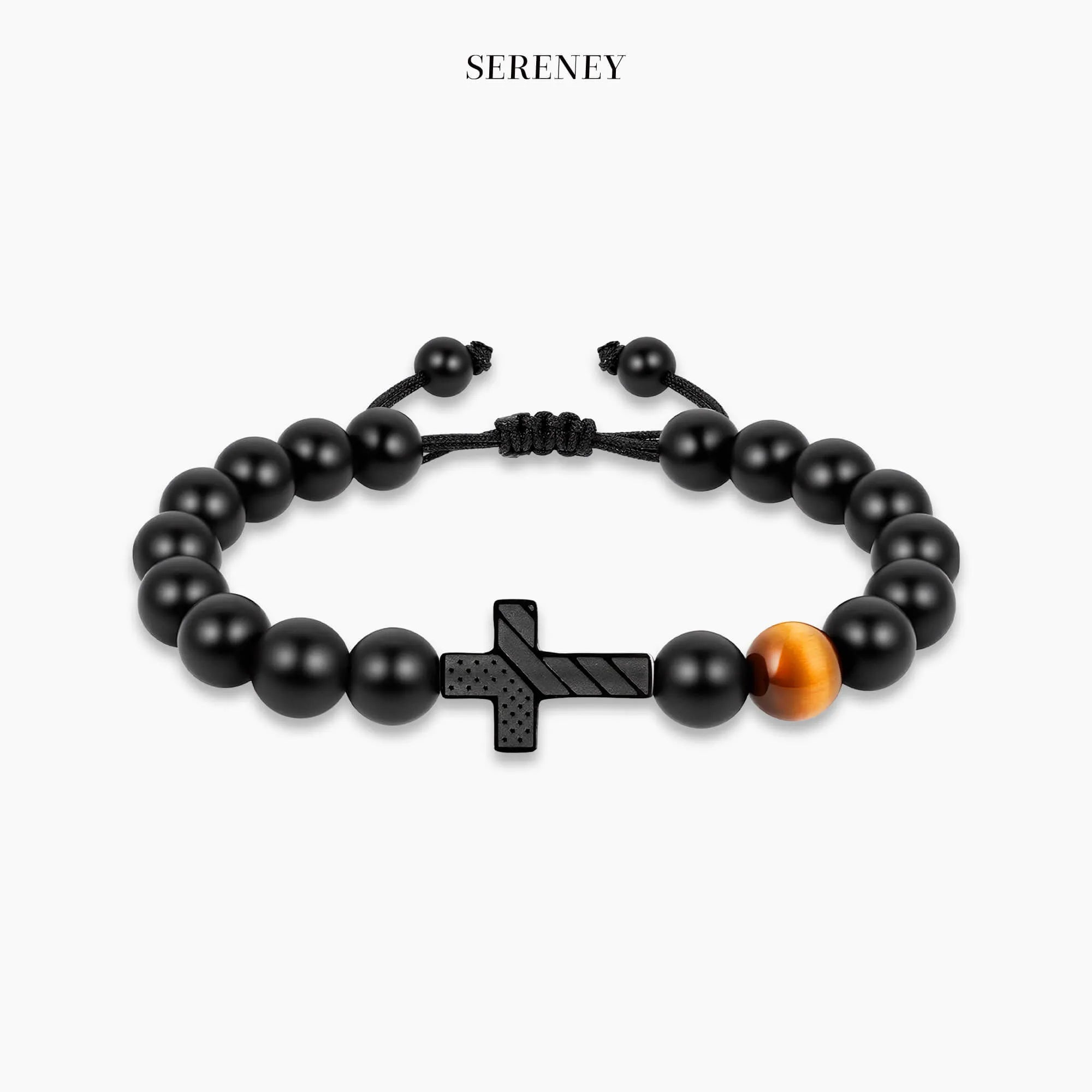 Protective Cross Bracelet featuring black beads and a tiger eye stone