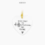 White heart-shaped ceramic keepsake with gold ribbon and an inspirational message
