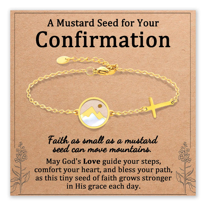 Bracelet with mountain charm and cross detail on a brown background