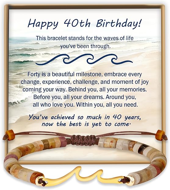 Sereney Birthday Gifts for Women, Handmade Wave Birthday Bracelets as 40 50 60 Year Old Birthday Gifts Idea, Adjustable Natural Stone Bracelet as Happy Birthday Gifts for Her Friends Mother Grandma Nana Daughter