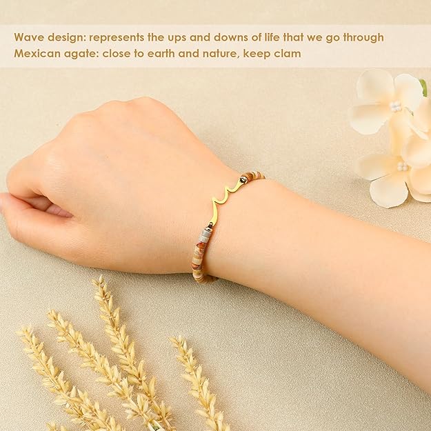 Sereney Birthday Gifts for Women, Handmade Wave Birthday Bracelets as 40 50 60 Year Old Birthday Gifts Idea, Adjustable Natural Stone Bracelet as Happy Birthday Gifts for Her Friends Mother Grandma Nana Daughter