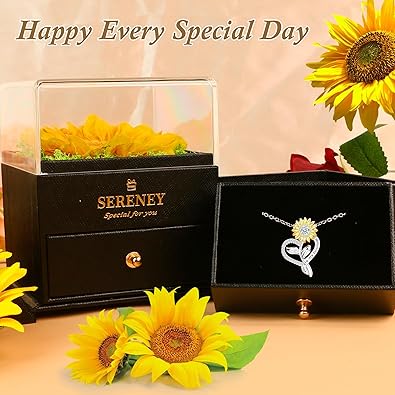 Sereney Preserved Sunflower Gifts for Women, You are My Sunshine Necklace as Flower Jewelry Birthday Gifts for Mom, Silver Necklace Yellow Decor Accessories for Wife Daughter Girlfriend