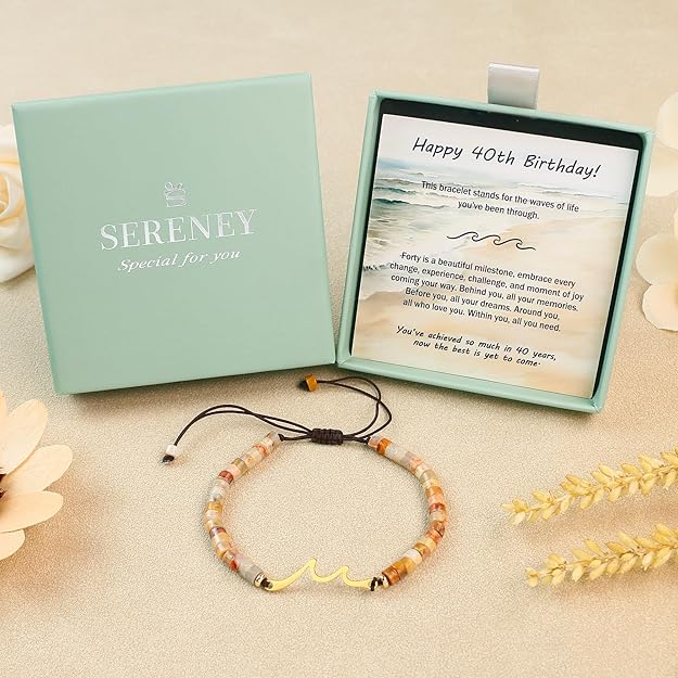 Sereney Birthday Gifts for Women, Handmade Wave Birthday Bracelets as 40 50 60 Year Old Birthday Gifts Idea, Adjustable Natural Stone Bracelet as Happy Birthday Gifts for Her Friends Mother Grandma Nana Daughter
