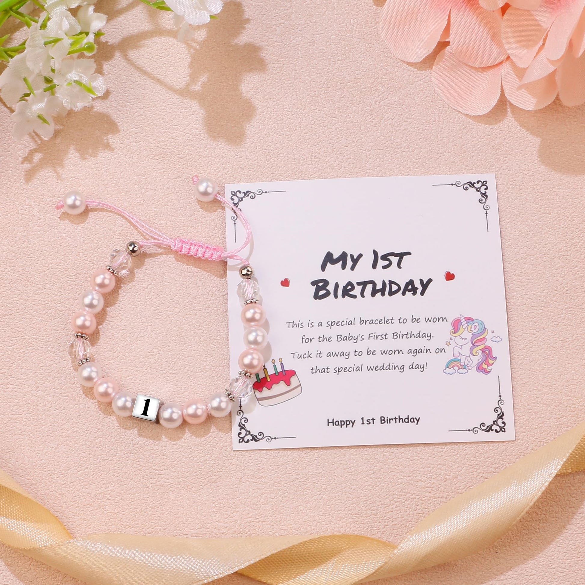 Regalo de cumpleaños para niña de 1 año de Sereney, pulsera de cumpleaños ajustable con perla blanca y rosa como regalo de cumpleaños para niña de un año, ideas de regalos para el primer cumpleaños de niña para hija, sobrina, nieta y niñas