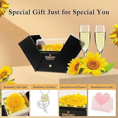 Sereney Preserved Sunflower Gifts for Women, You are My Sunshine Necklace as Flower Jewelry Birthday Gifts for Mom, Silver Necklace Yellow Decor Accessories for Wife Daughter Girlfriend