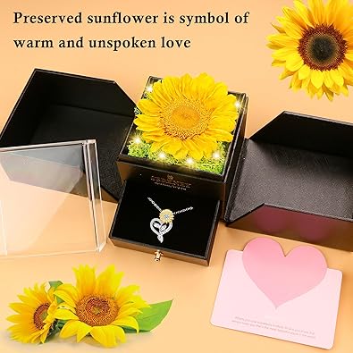Sereney Preserved Sunflower Gifts for Women, You are My Sunshine Necklace as Flower Jewelry Birthday Gifts for Mom, Silver Necklace Yellow Decor Accessories for Wife Daughter Girlfriend