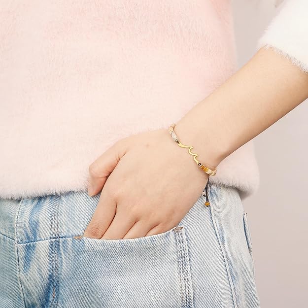 Sereney Birthday Gifts for Women, Handmade Wave Birthday Bracelets as 40 50 60 Year Old Birthday Gifts Idea, Adjustable Natural Stone Bracelet as Happy Birthday Gifts for Her Friends Mother Grandma Nana Daughter