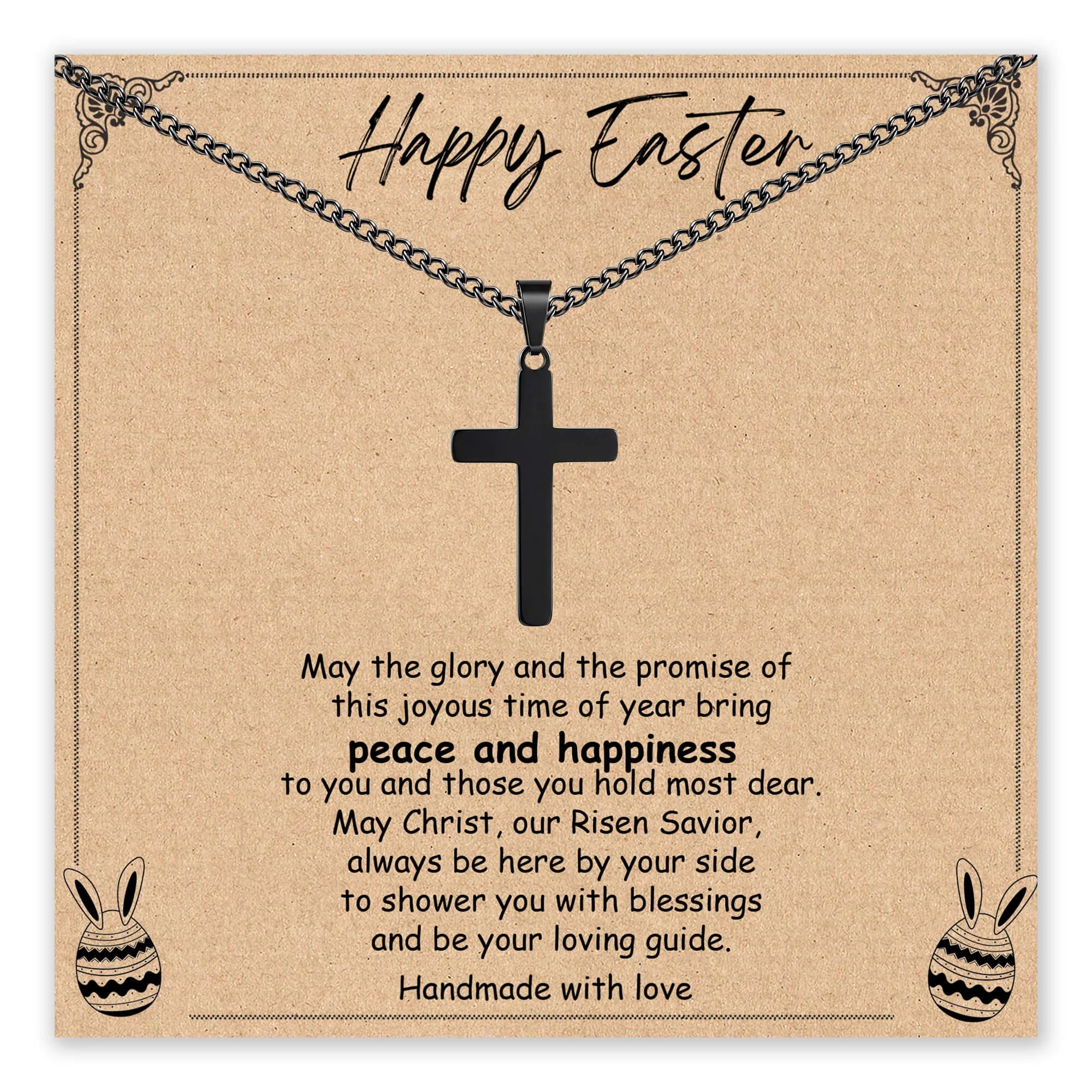 Black stainless steel cross necklace with chain and Easter greeting