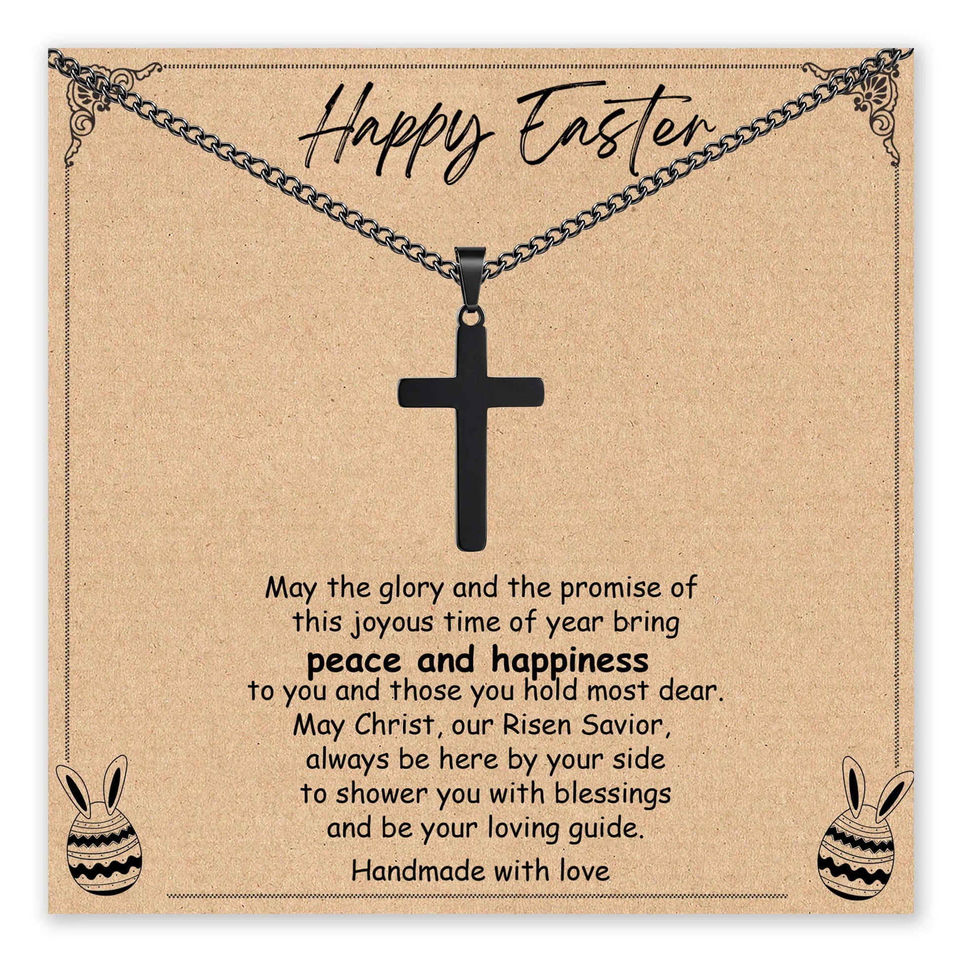 Black stainless steel cross necklace with chain and Easter greeting