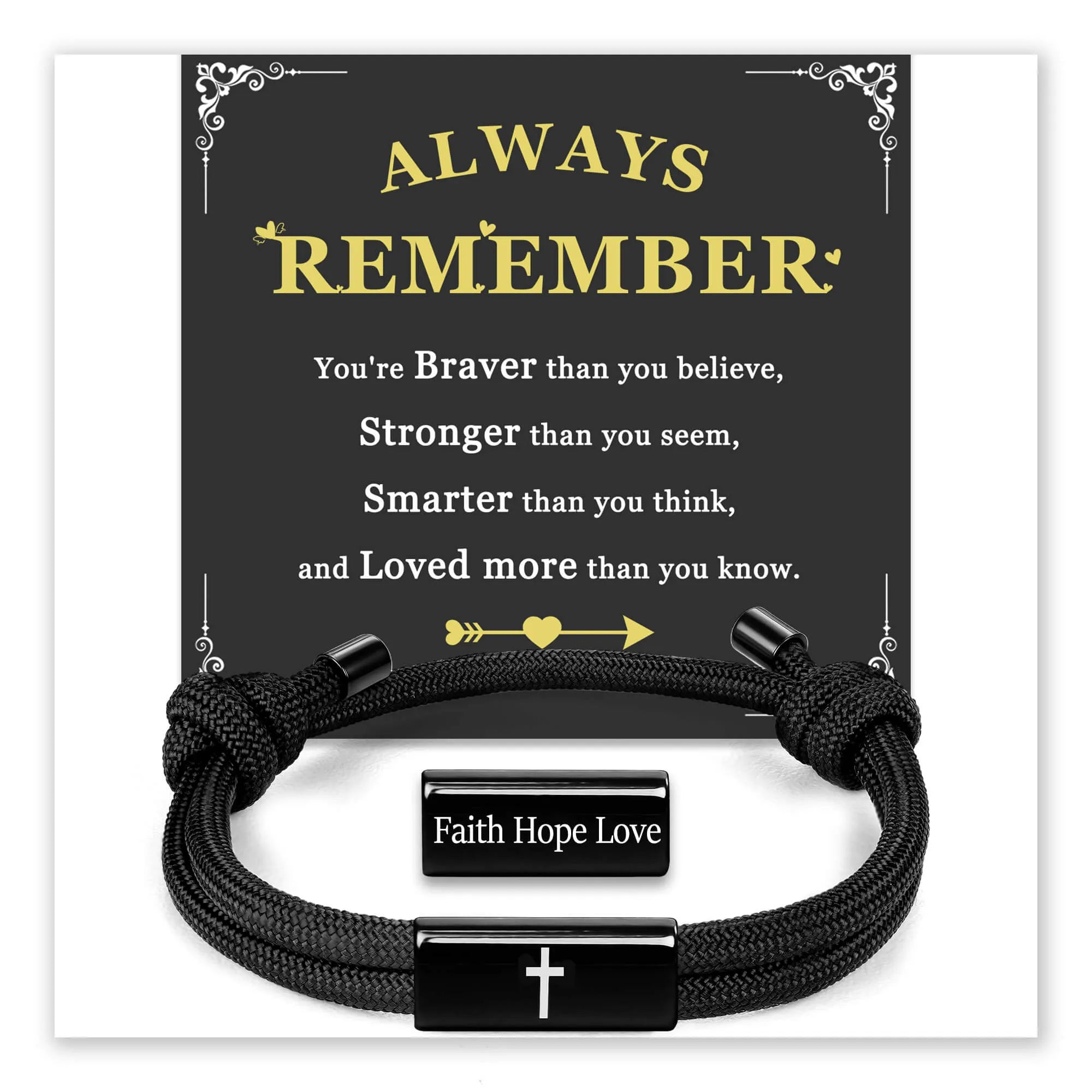Always Remember bracelet with black paracord and cross charm