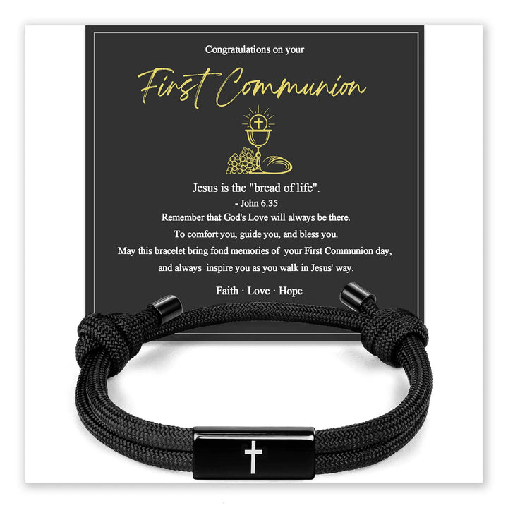 First Communion bracelet with black paracord and cross charm