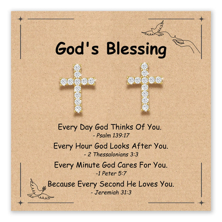 Gold cross stud earrings with cubic zirconia stones