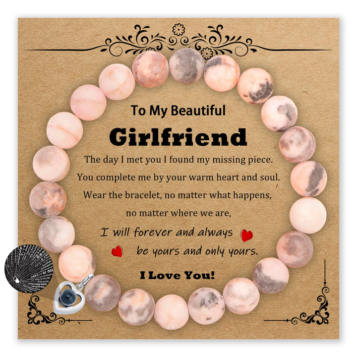 Bracelet with zebra-patterned stone beads and heart charm for girlfriend