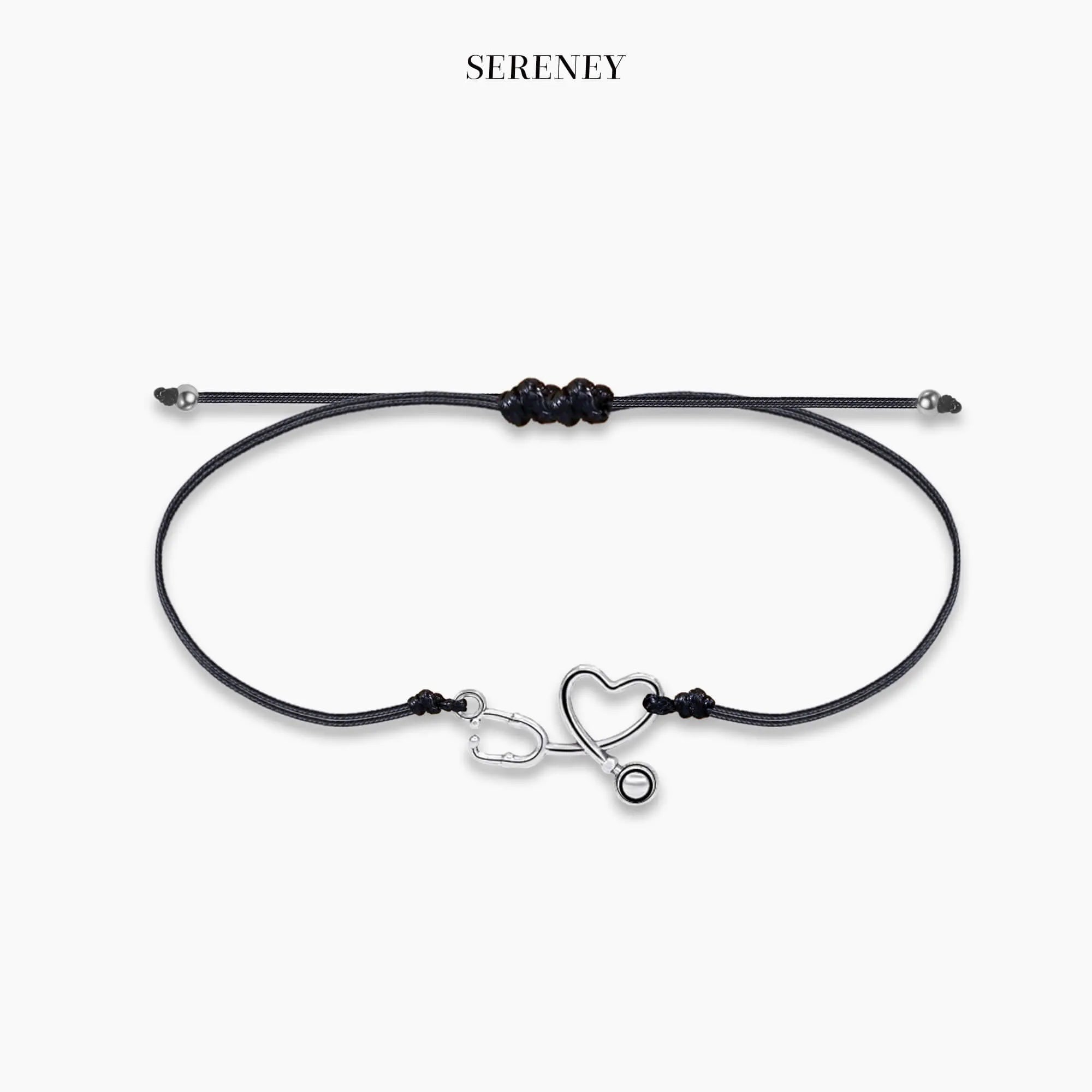 Adjustable string bracelet featuring a heart-shaped stethoscope