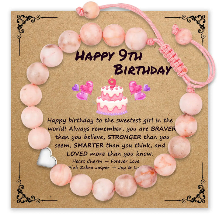 Pink zebra jasper bracelet with heart pendant for 9th birthday
