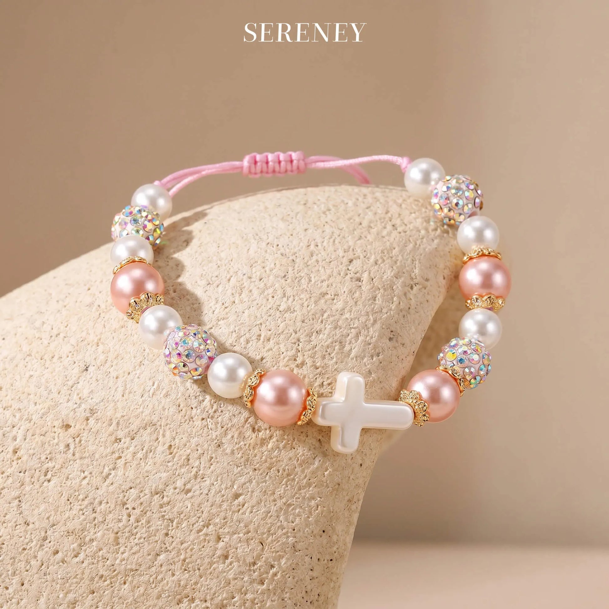 Blessed Shamballa Pearl Cross Bracelet with pink and white pearls