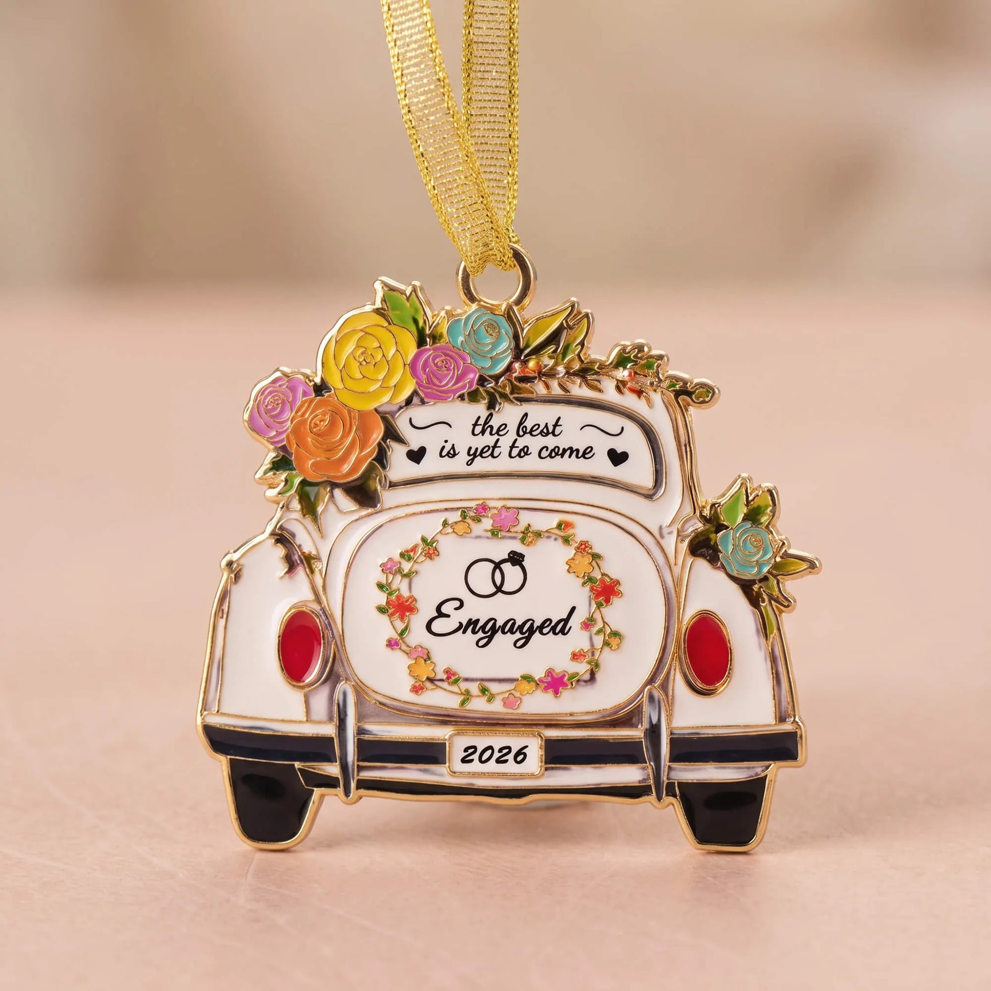 Engaged Floral Wedding Car Keepsake Ornament