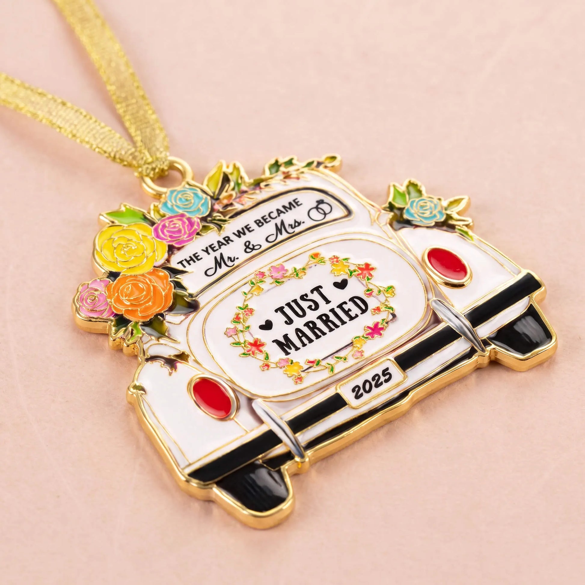 Just Married Floral Wedding Car Keepsake Ornament
