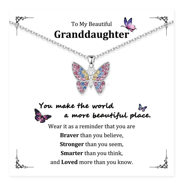 Butterfly pendant necklace shown on a message card with butterfly artwork