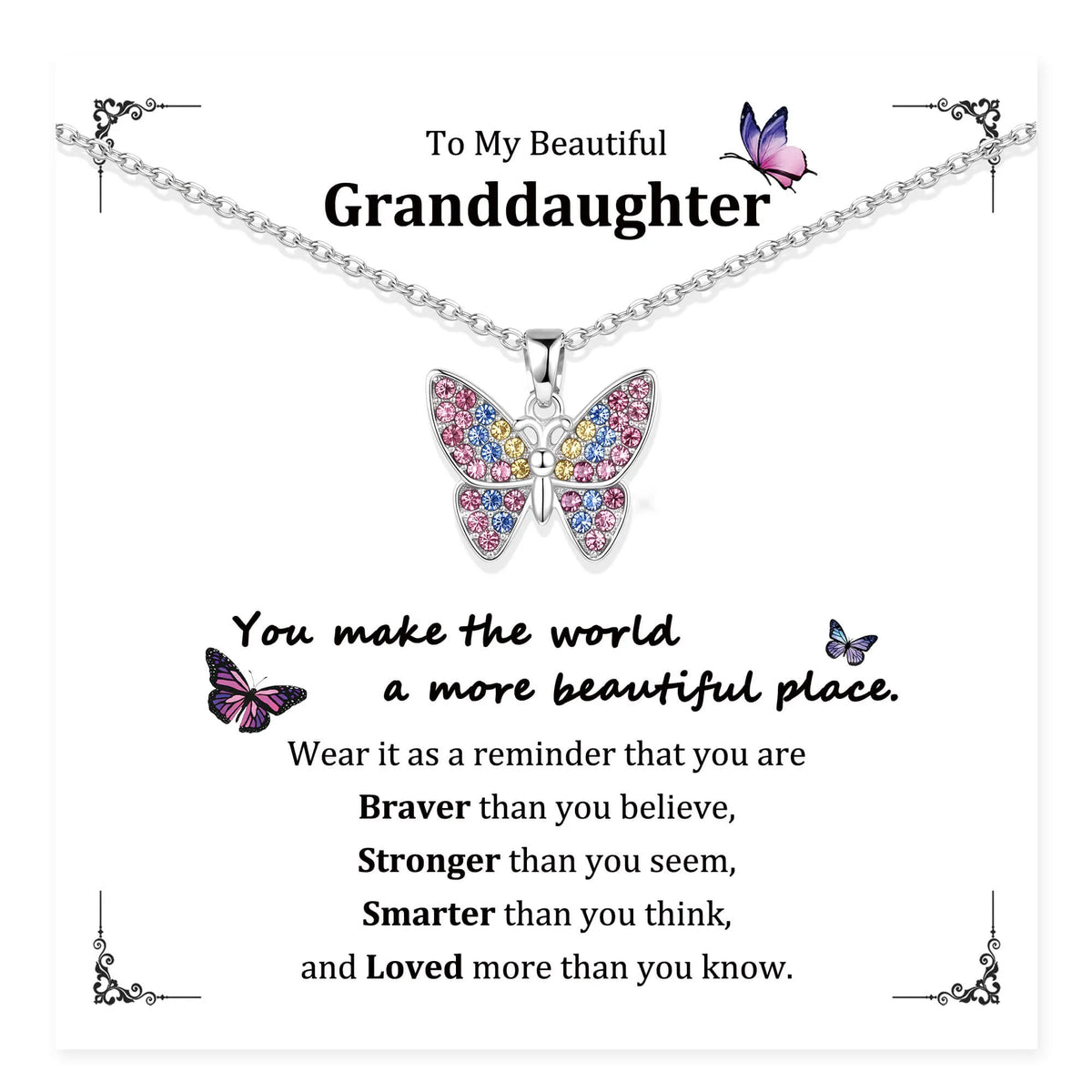 Butterfly pendant necklace shown on a message card with butterfly artwork