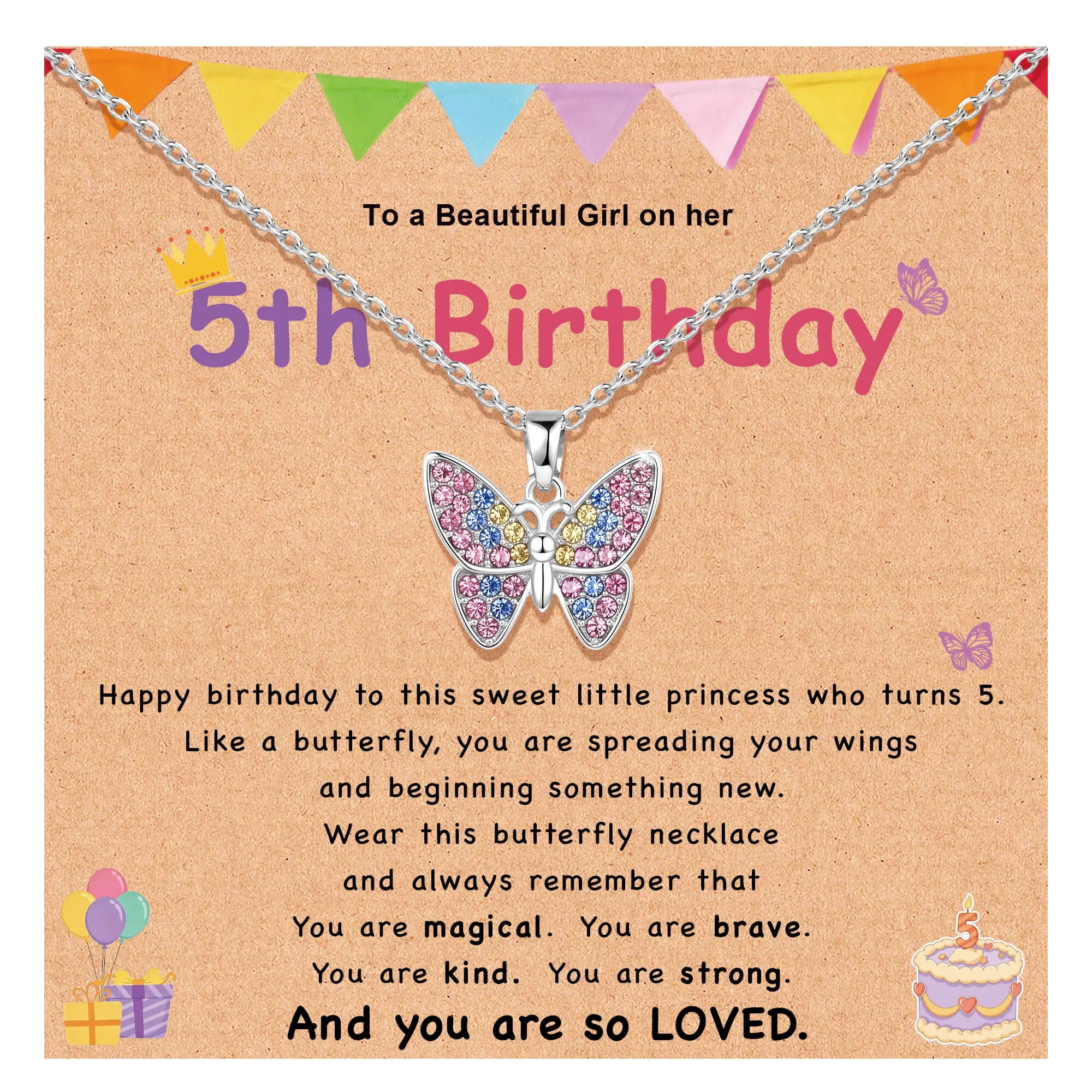 Silver-tone butterfly wish necklace with pink and blue gemstone wings on chain